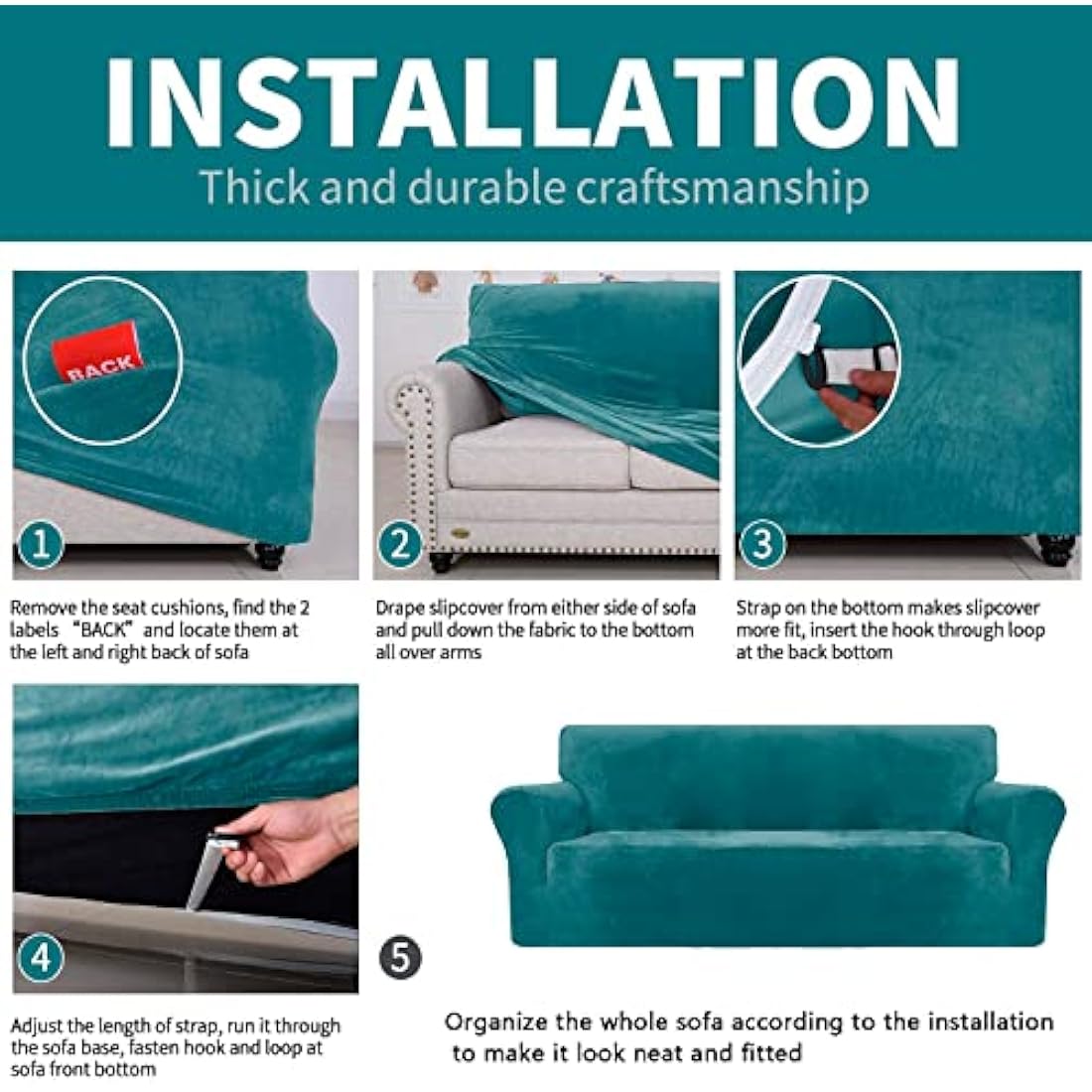 XINEAGE Velvet Sofa Cover | 3 Seater Stretch Couch Slipcover, Peacock Blue
