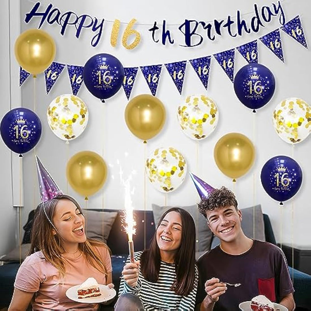 Wonsta Boys 16th Birthday Decorations – Navy Blue and Gold Banner Kit