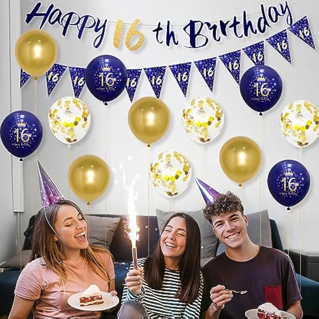 Wonsta Boys 16th Birthday Decorations – Navy Blue and Gold Banner Kit