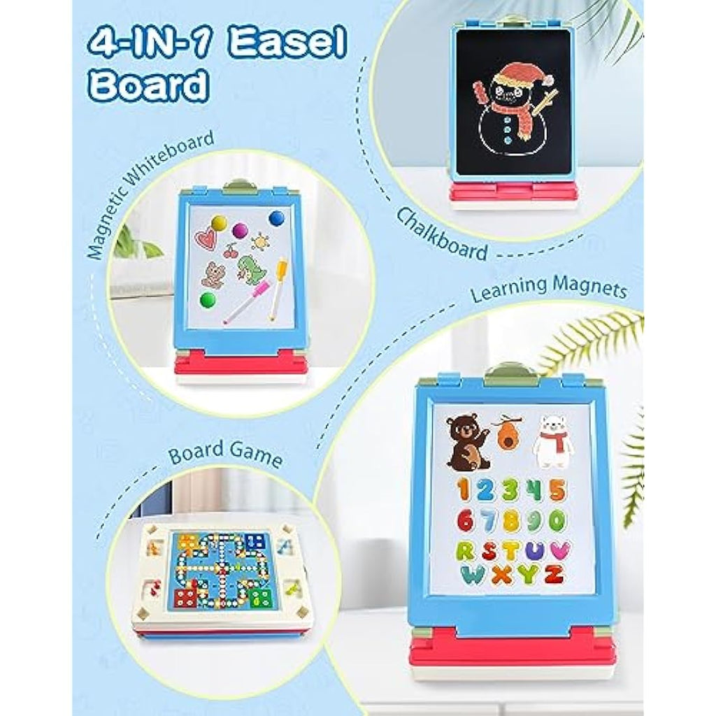 Elovien 4-in-1 Kids Art Easel | Foldable Magnetic Tabletop Board - Blue
