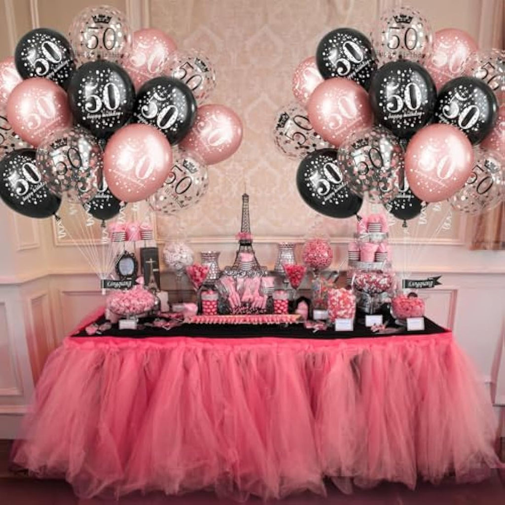 50th Birthday Balloons - 15pc Rose Gold & Black Party Decor