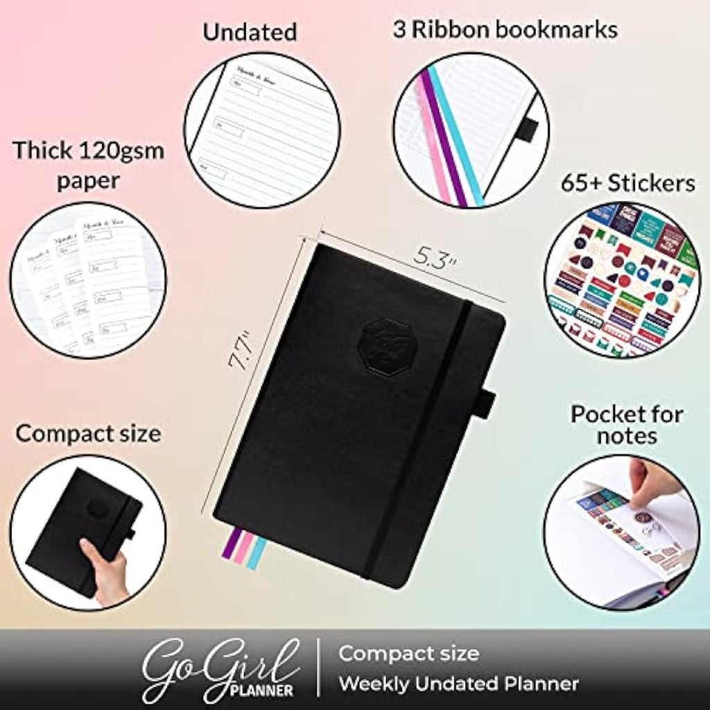 GoGirl Undated Weekly Planner – Compact Eco-Leather Goal Organizer, Black