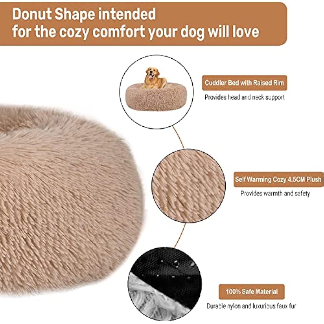 Jolof Store Calming Donut Dog Bed – Washable Fluffy Faux Fur Pet Bed