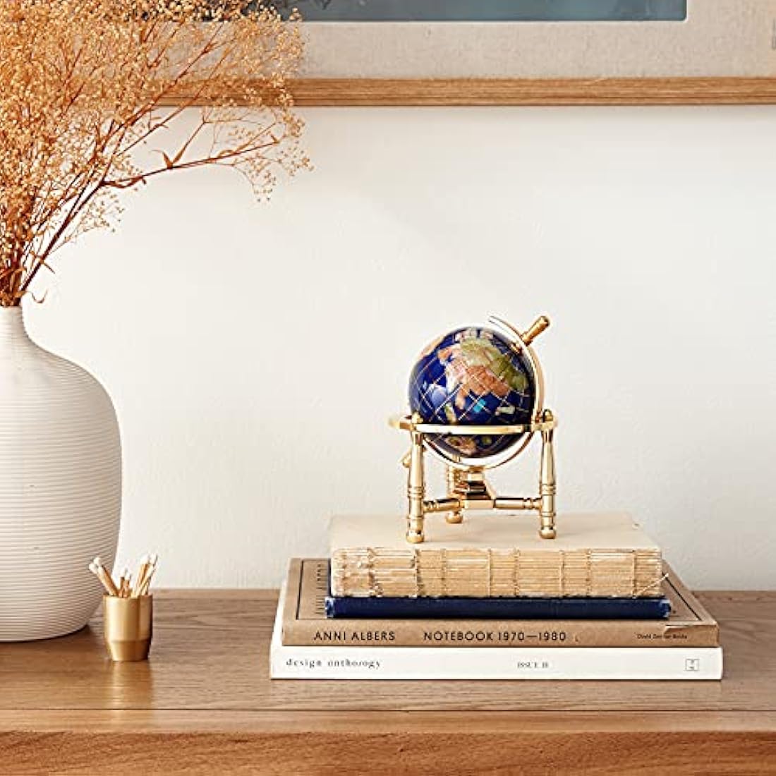 Unique Art Blue Lapis Gemstone World Globe – 6-Inch Gold Tripod Desk Decor