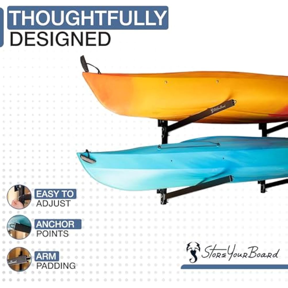 StoreYourBoard 2 Kayak Wall Mount Rack – Heavy Duty Adjustable Storage