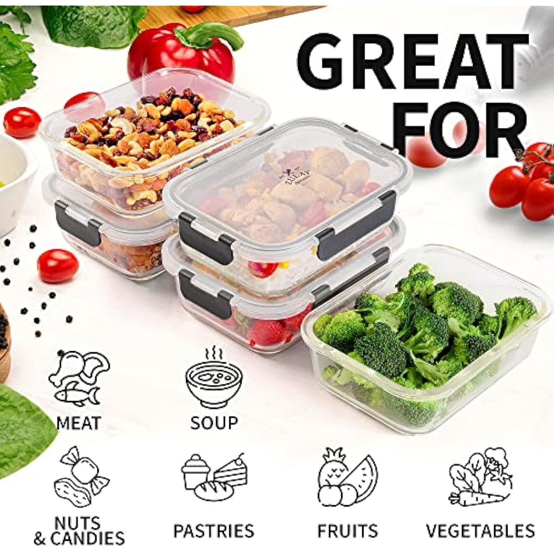 Zulay Kitchen 5-Pack Leak-Proof Glass Food Storage Containers - 36 oz