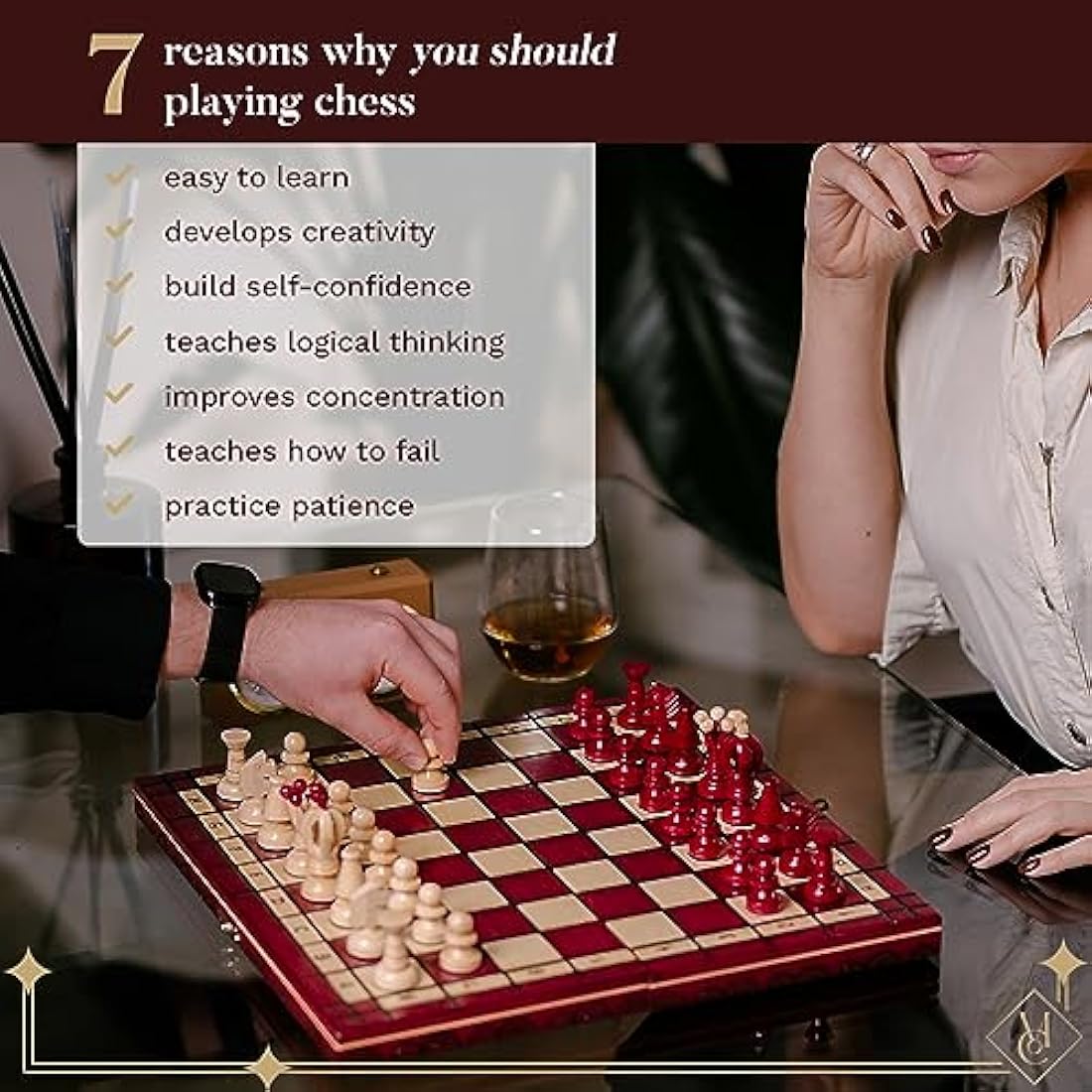 Jolof Store Handmade Wooden Chess and Checkers Set – 35cm Red Travel Board