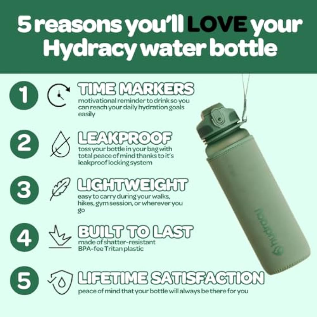 Hydracy 1L Water Bottle with Time Marker – BPA Free Leakproof Gym Bottle