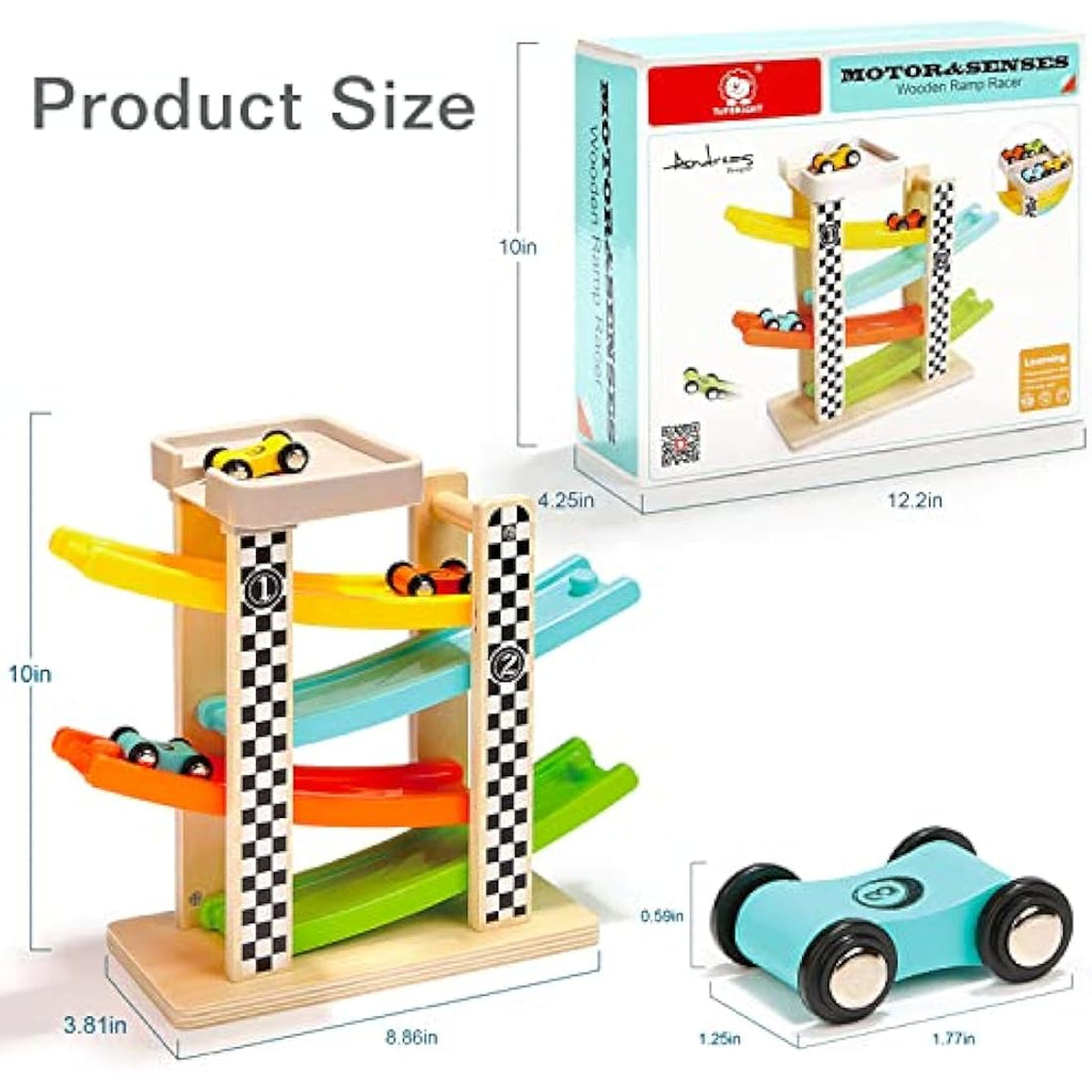 Top Bright Wooden Car Ramp Toy – Educational Toddler Gift with 4 Cars