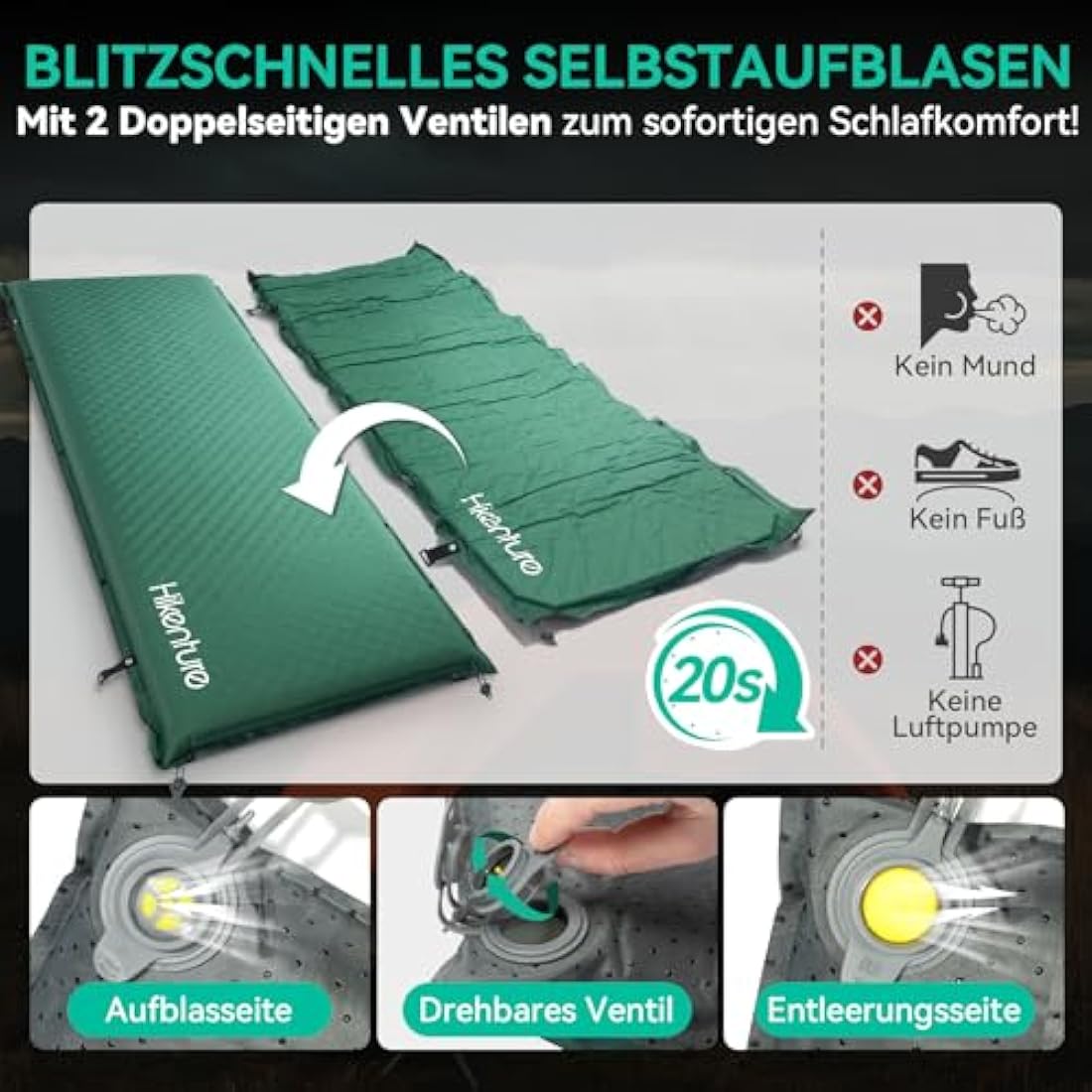 Hikenture 10cm Self-Inflating Sleeping Mat – Thick Foam Camping Mattress