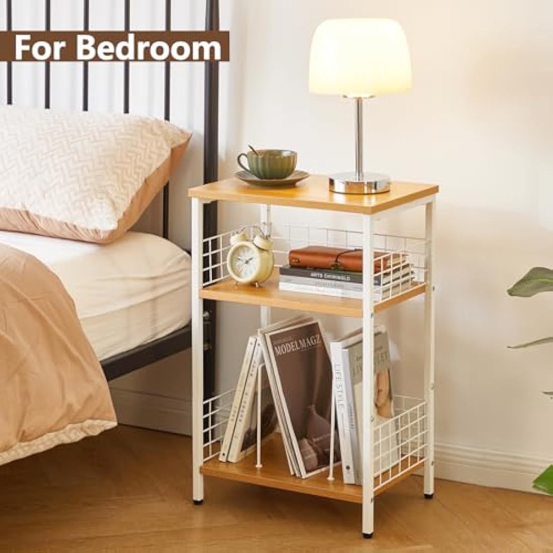 YMYNY 3-Tier Record Player Stand – Industrial Side Table, Natural