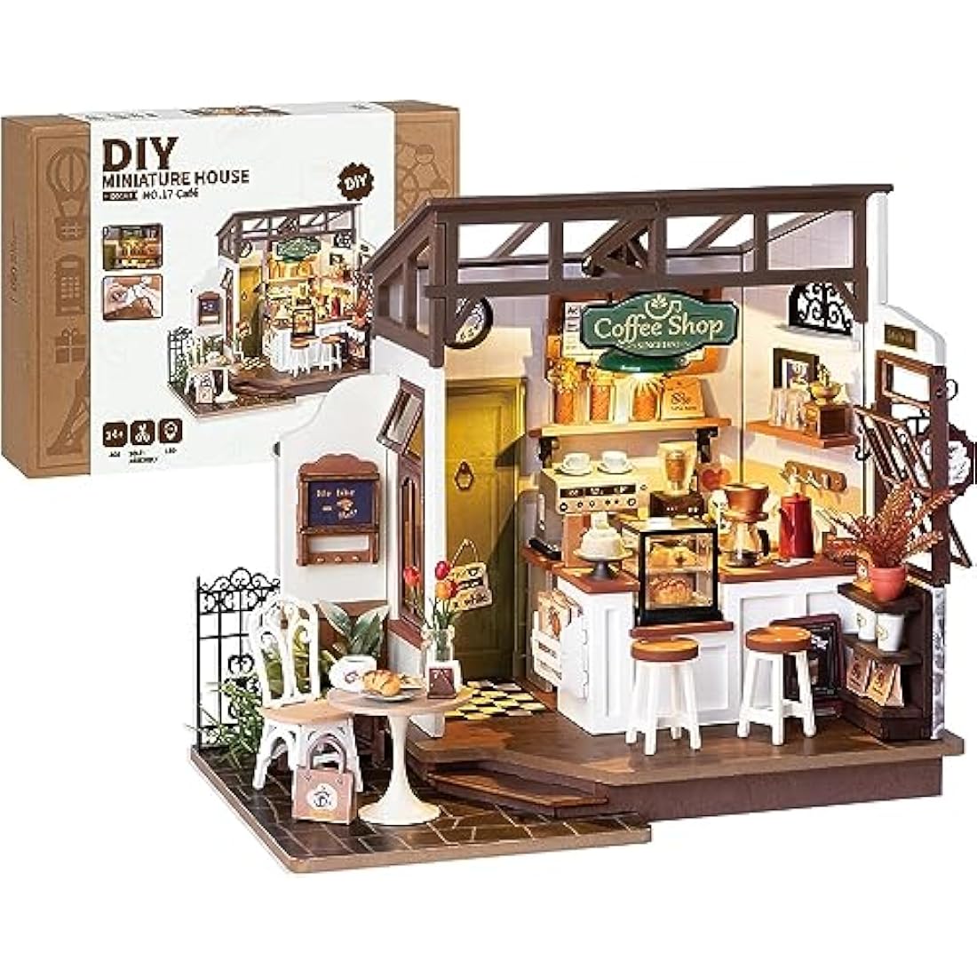 ROBOTIME DIY Wooden Miniature Coffee House Kit with LED Light - 1:24 Scale