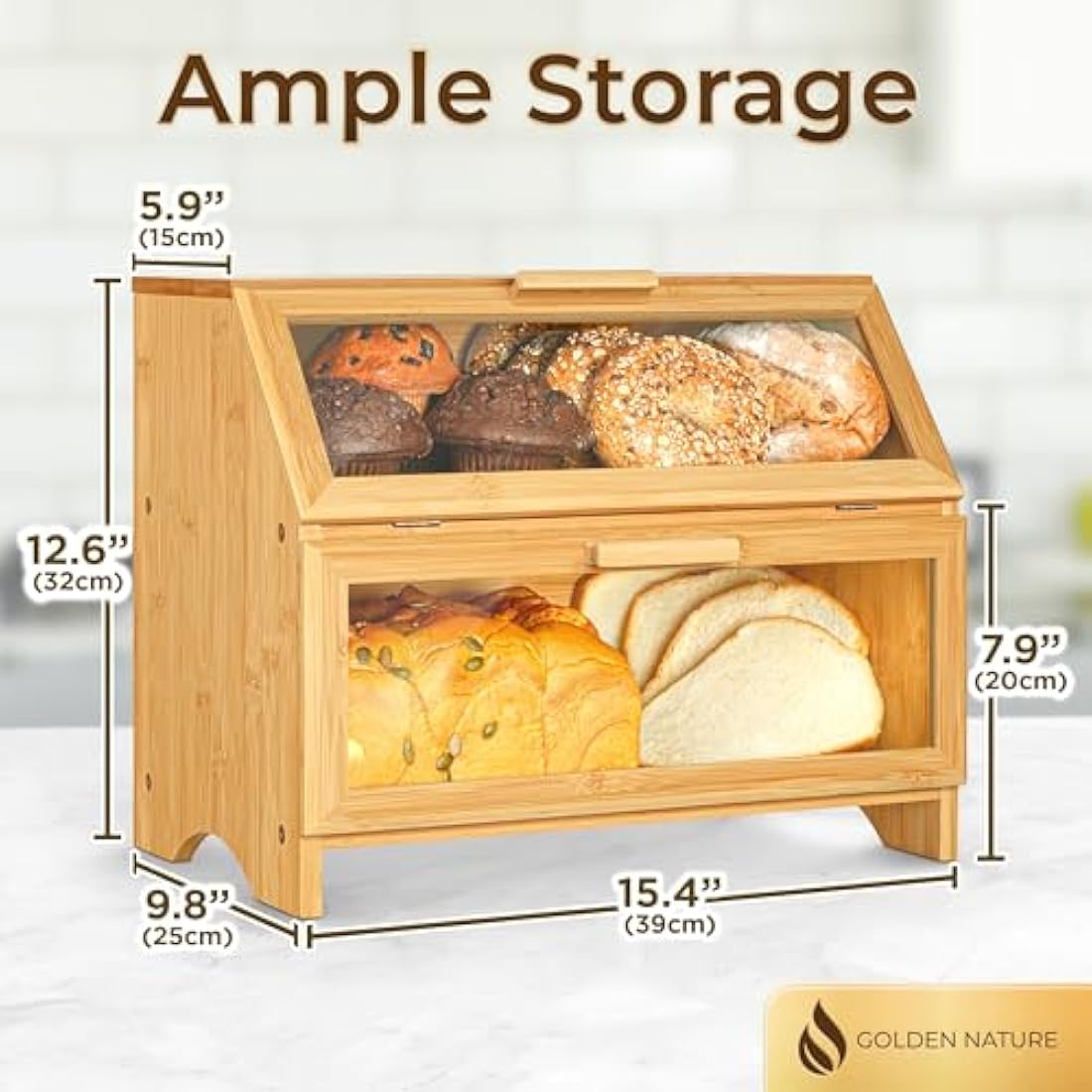 Golden Nature Bamboo Bread Box – Large Double Layer Kitchen Storage