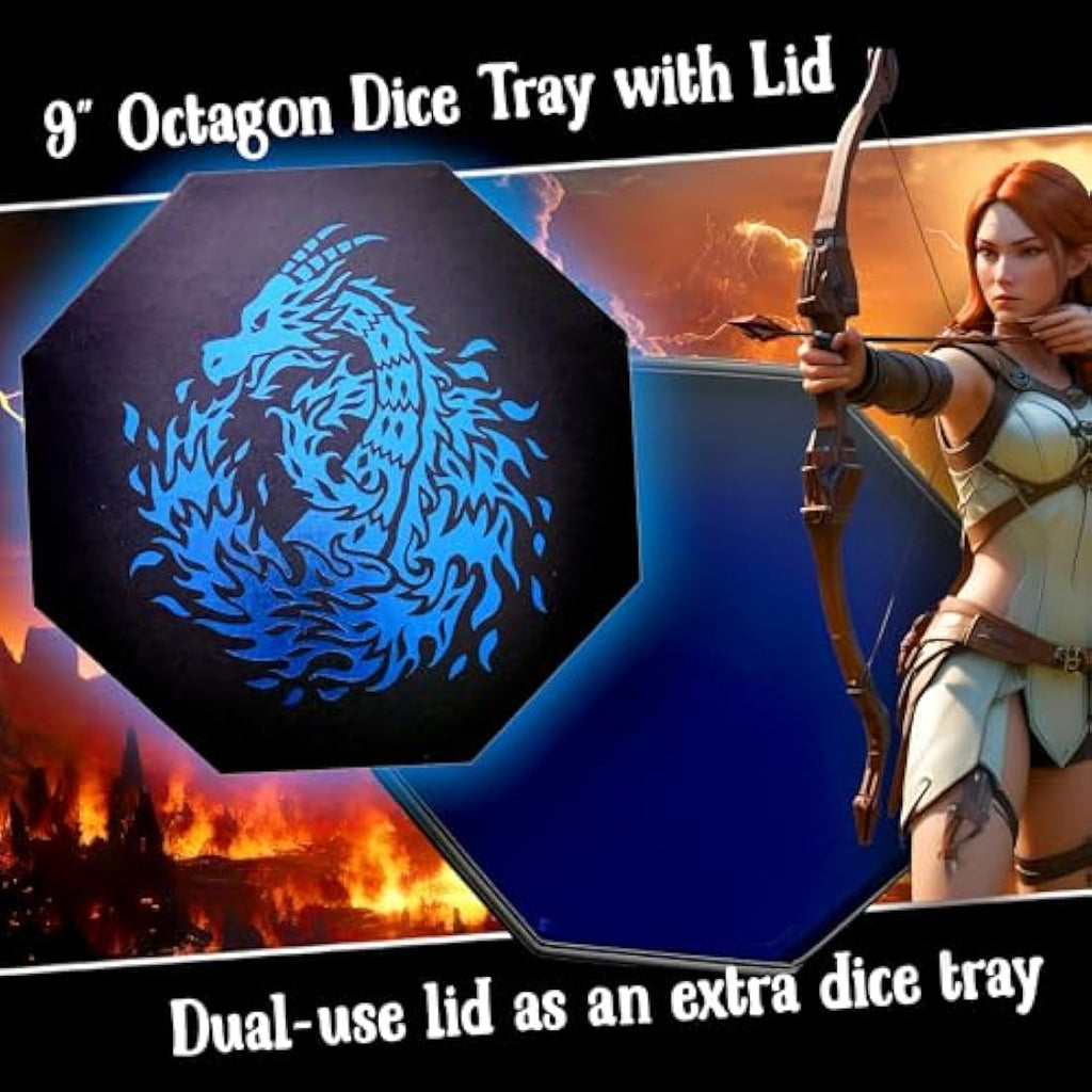 Jolof Store Fire Dragon Octagon Dice Tray with Lid – Blue Vegan Leather