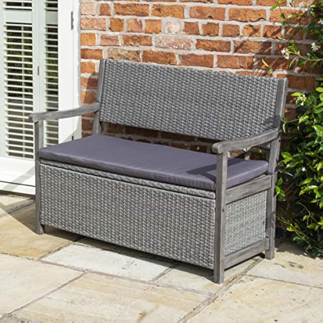 Alderley Rattan Storage Bench – Grey Hardwood Timber