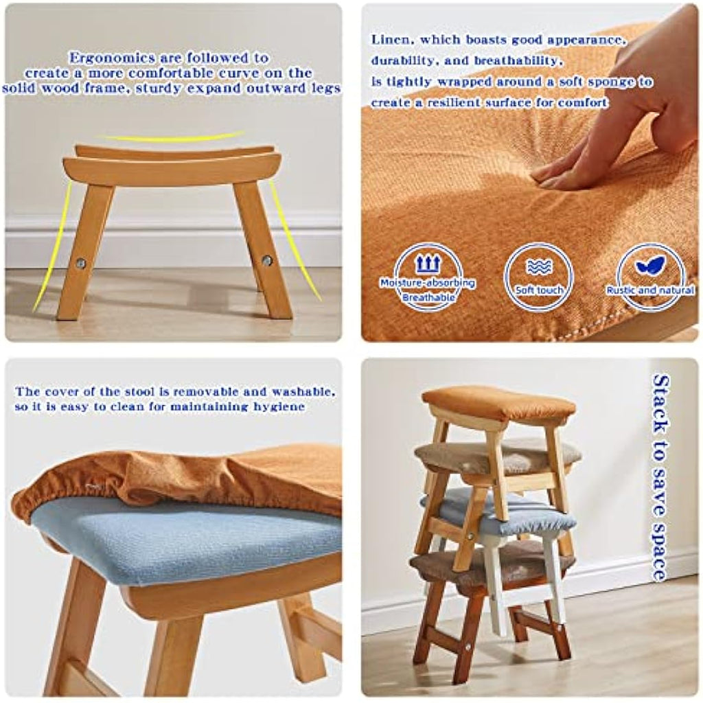 Jolof Store Wooden Footstool – Padded Beech Wood Ottoman with Removable Cover