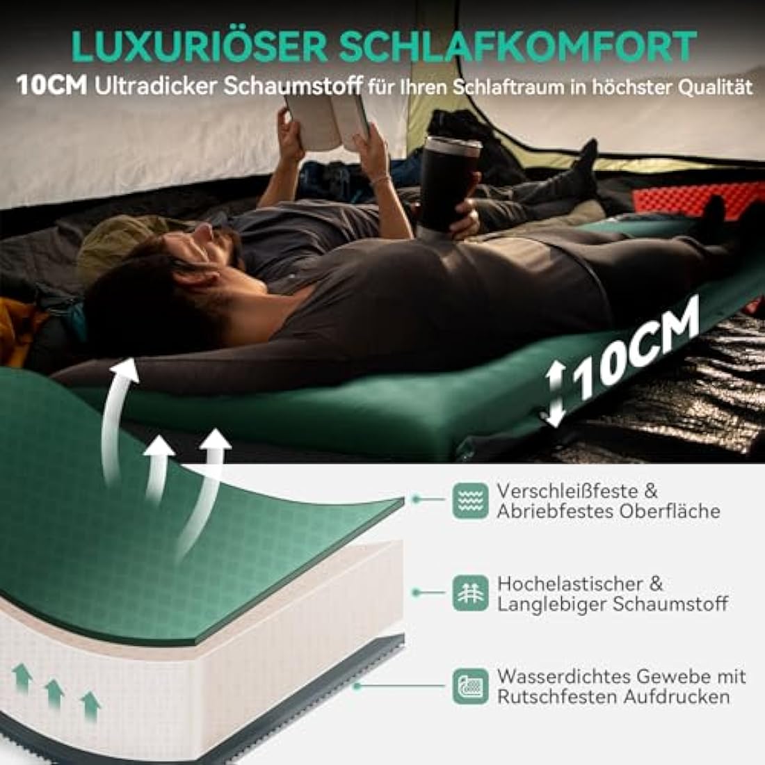 Hikenture 10cm Self-Inflating Sleeping Mat – Thick Foam Camping Mattress