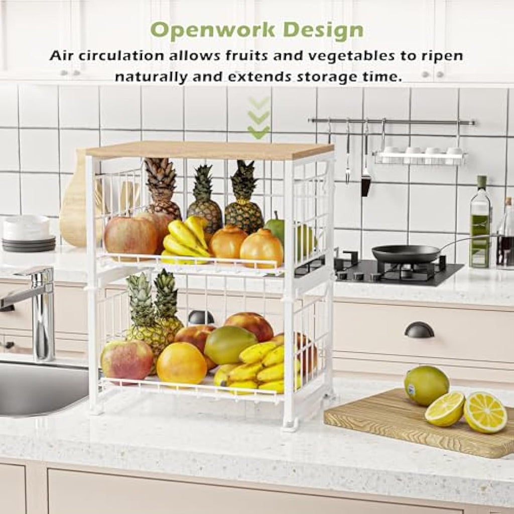UMDONX 3-Tier Kitchen Fruit Basket – Metal Vegetable Storage Rack with Wood Top
