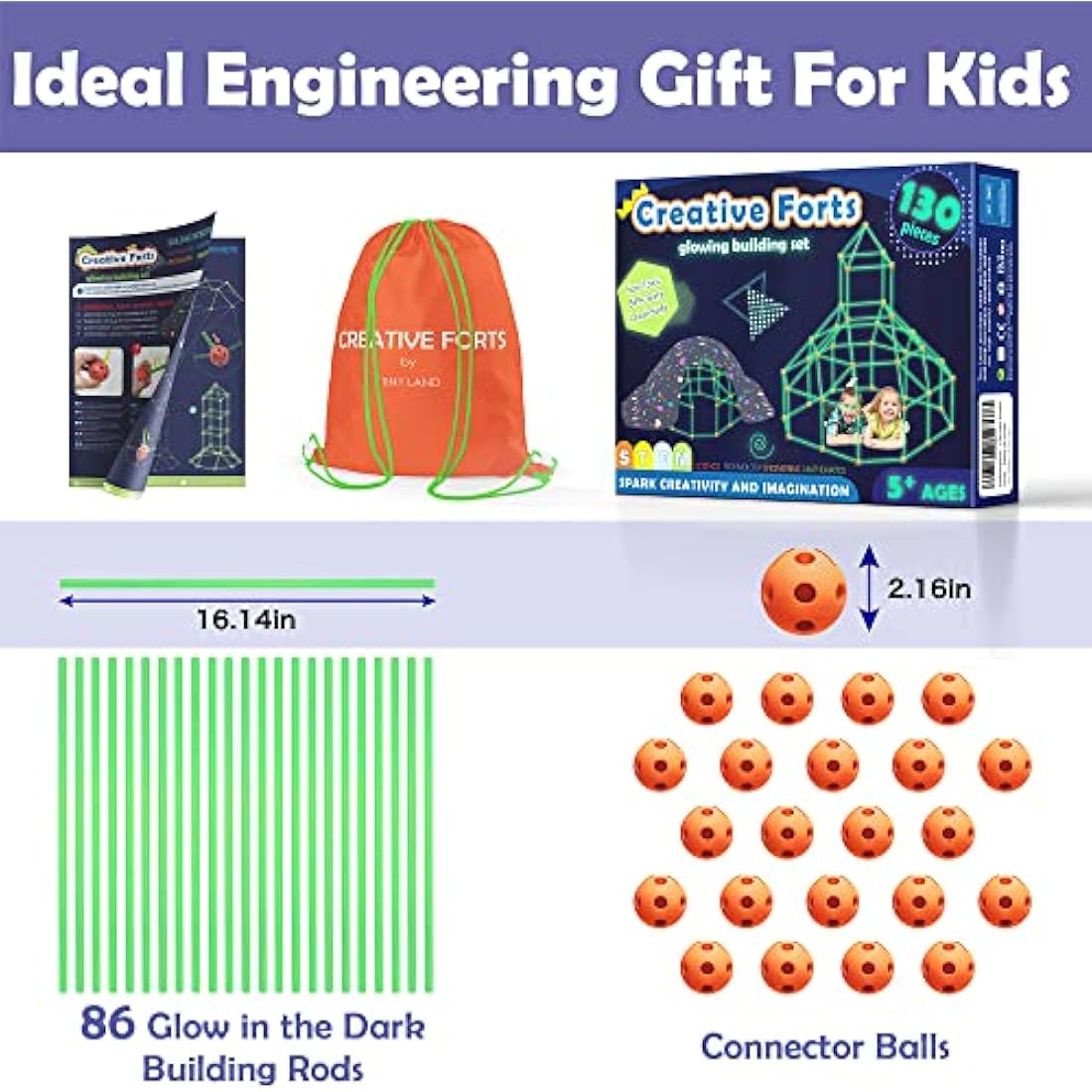 Jolof Store 130 Pcs Glow in the Dark Fort Building Kit – Kids STEM Toy