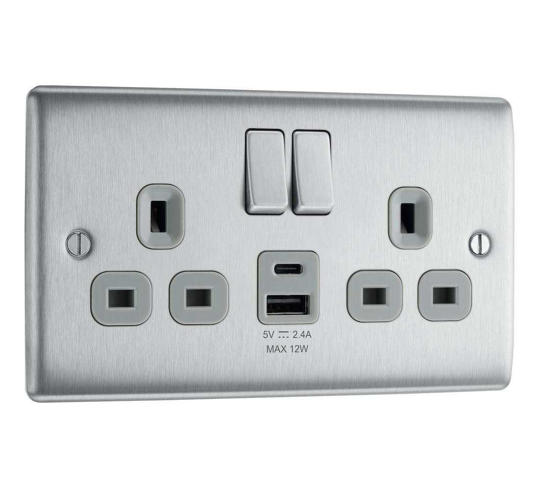 BG Electrical Double Switched Socket | Brushed Steel USB A & C