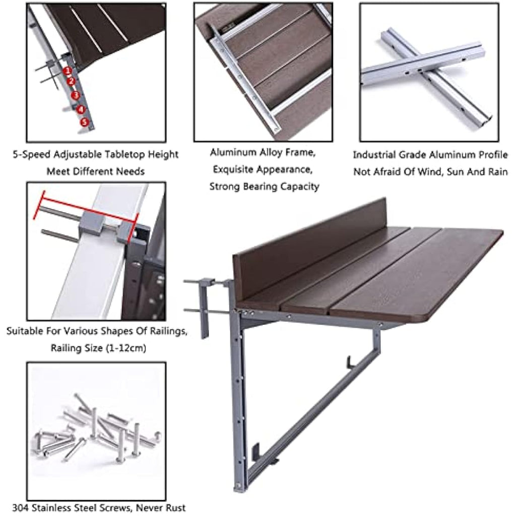 Balcony Hanging Table – Folding Railing Desk, 60x37 cm