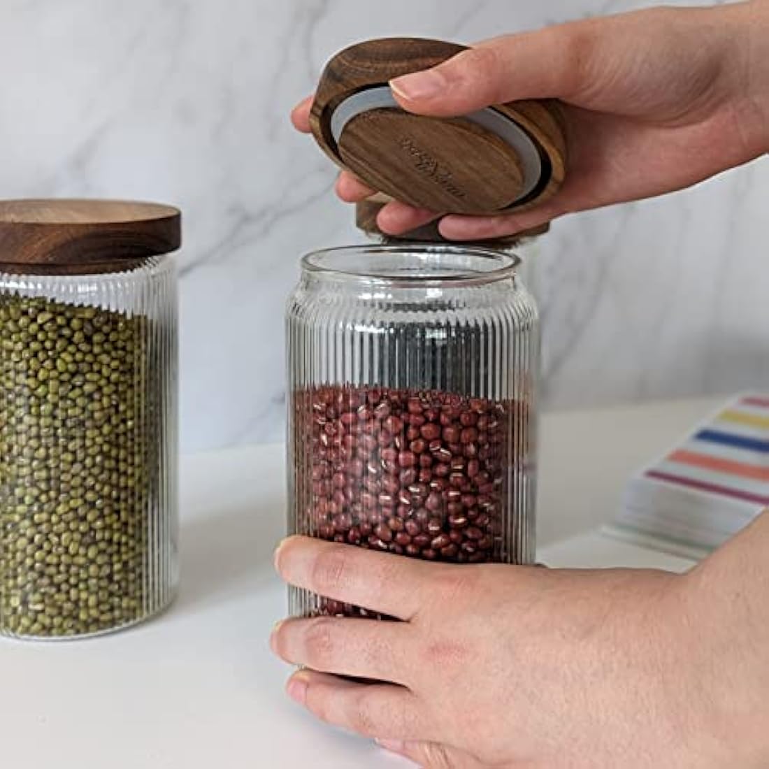 Mason & Fable Ribbed Glass Jars with Acacia Wood Lids - 800ml Set of 3