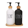 Glass Soap and Lotion Dispenser Set with Bamboo Tray – 2 Pack