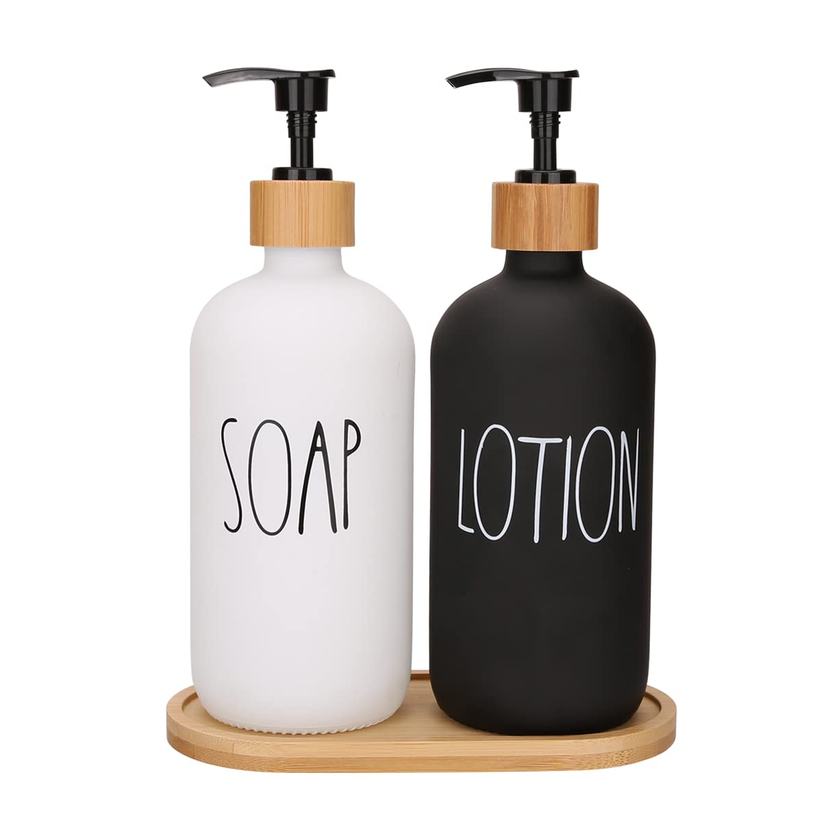 Glass Soap and Lotion Dispenser Set with Bamboo Tray – 2 Pack