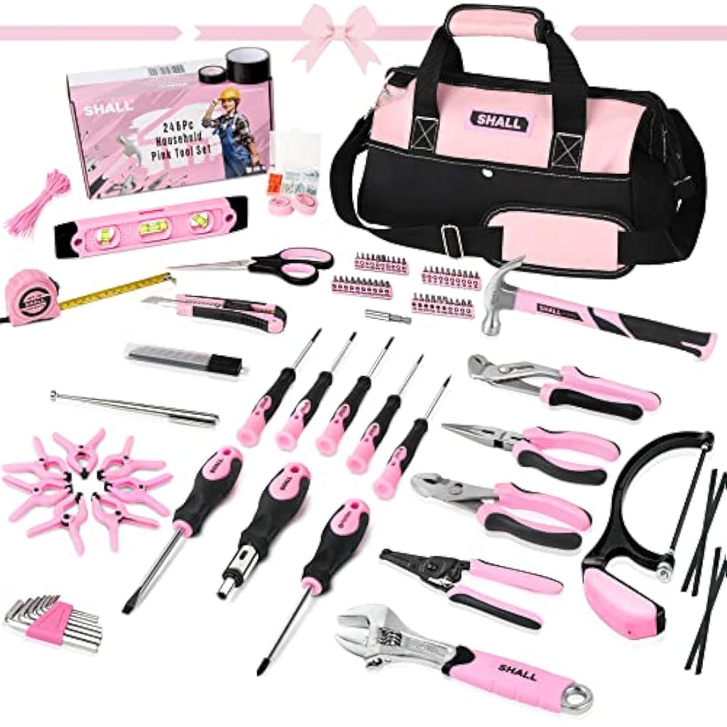 SHALL Pink Tool Set | 246-Piece Home Tool Kit for Women with 14" Bag
