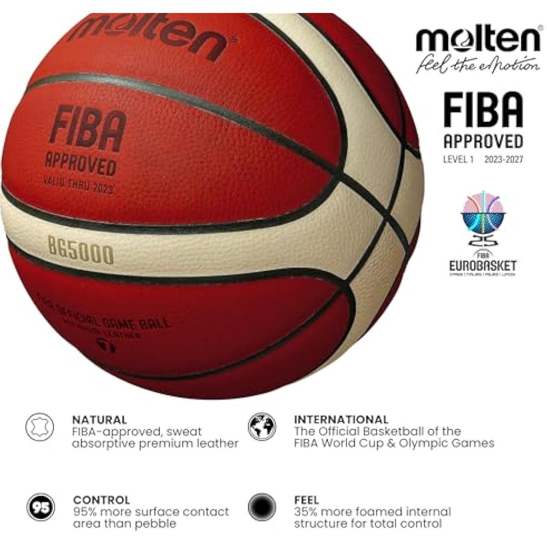 Molten BG5000 FIBA Official Game Basketball – Premium Real Leather Indoor