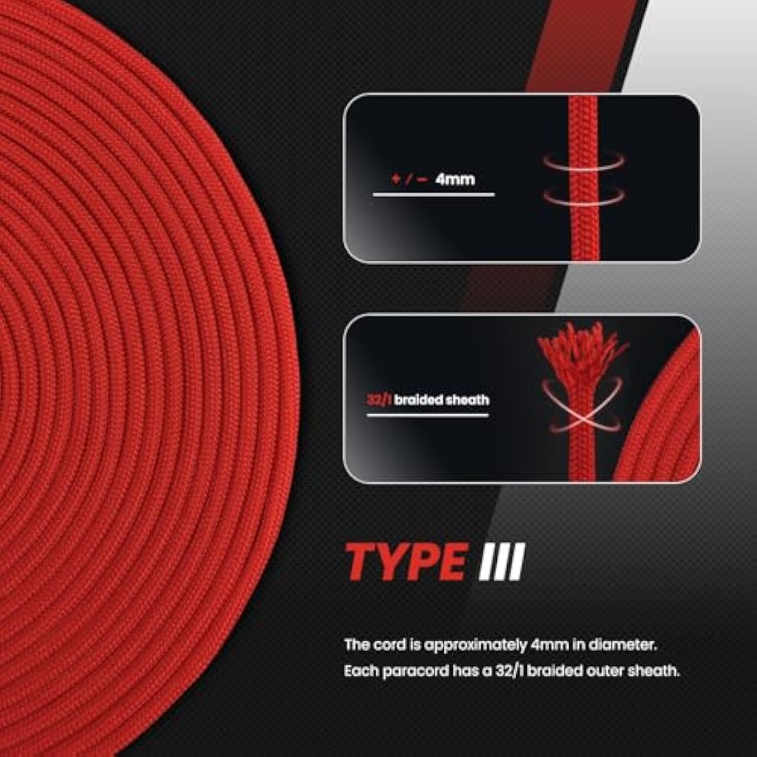 Abma Cord 4mm Type III Nylon Paracord – 9 Strands, 100m Rope (Red)