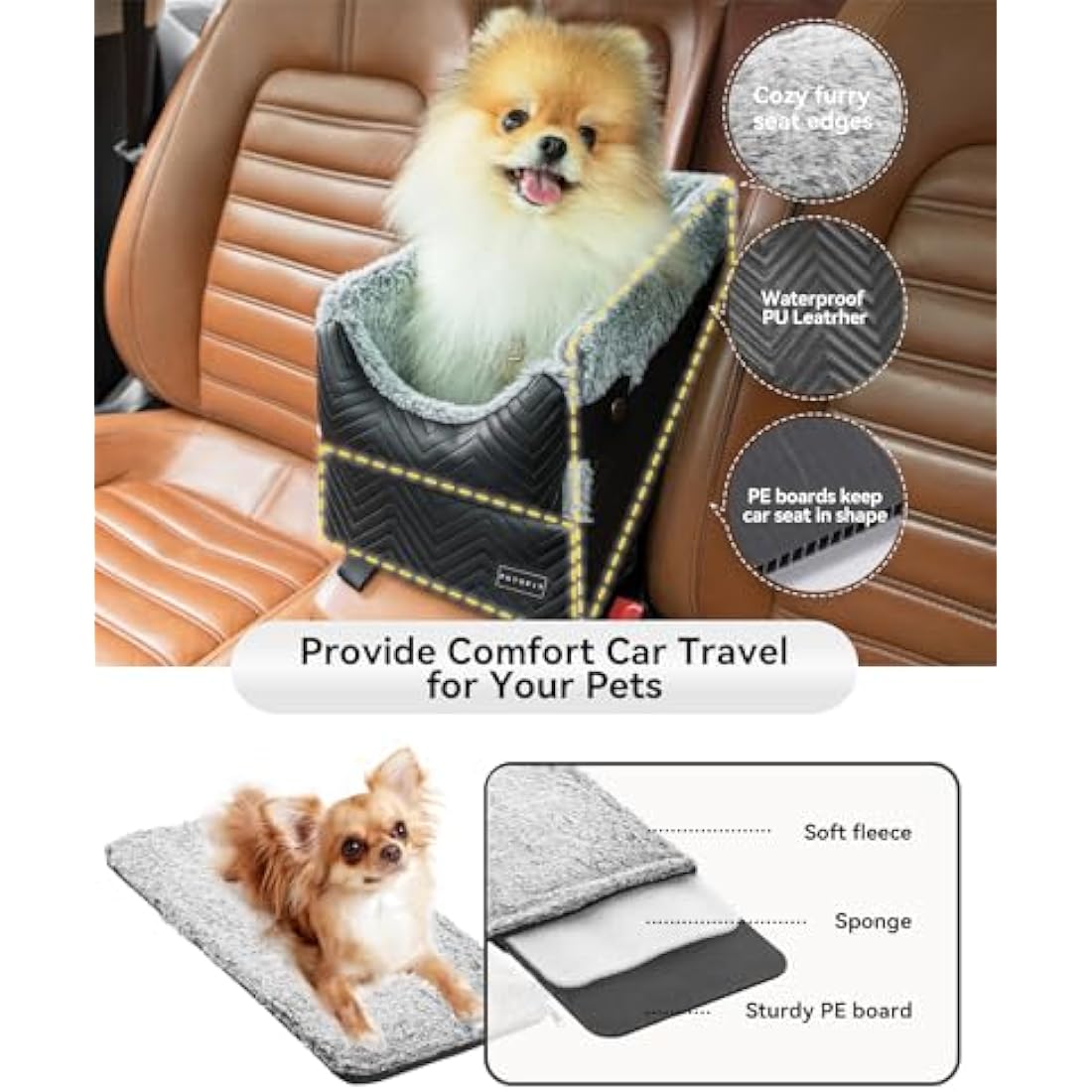 Petsfit Center Console Dog Car Seat - Small Pet Travel Bed for Up to 9 Lbs