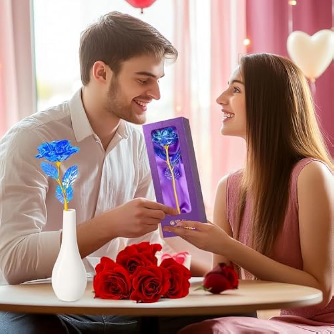 Artificial Blue Rose Flower with Vase – Everlasting Gift Set