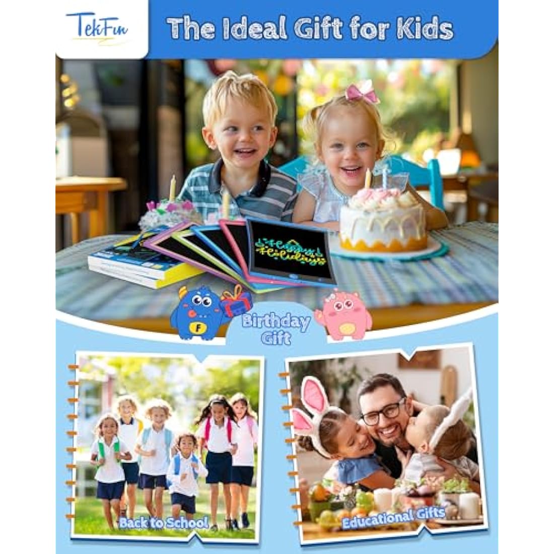 TEKFUN 8.5" LCD Writing Tablet 2-Pack | Colorful Drawing Board for Kids