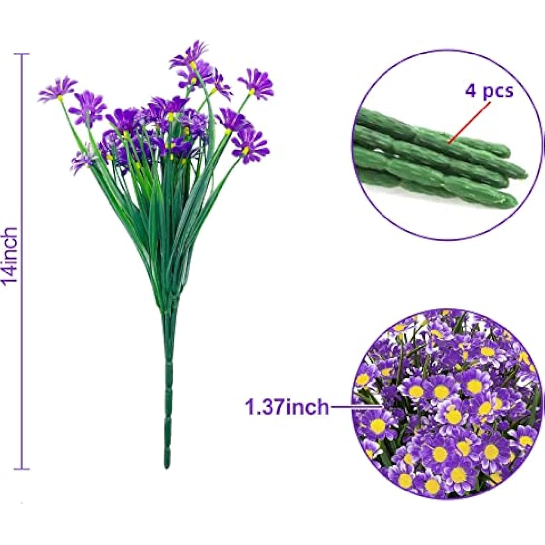 Artificial Daisy Flowers – 4PCS UV Resistant Faux Plants (Purple)