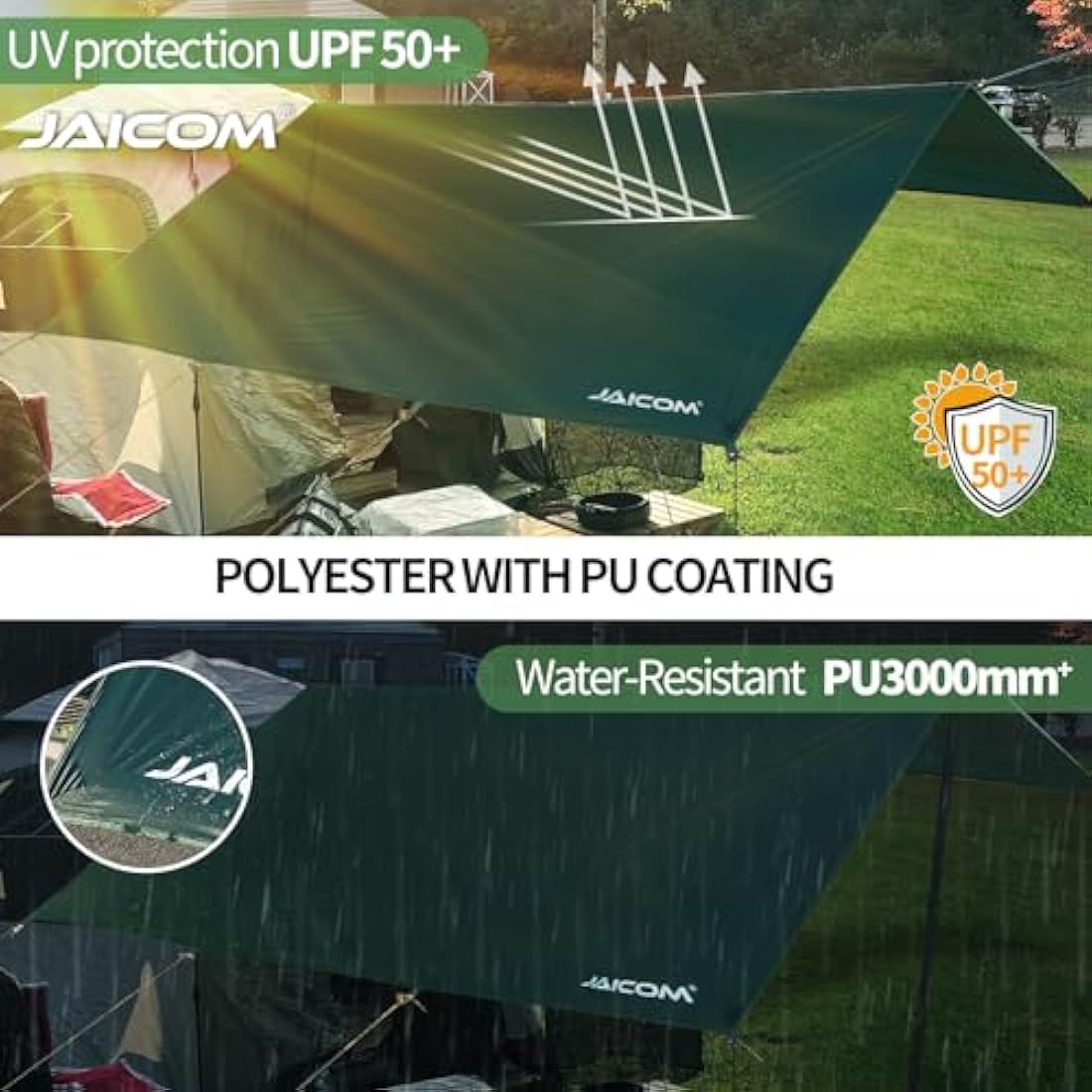 JAICOM 3x5m Waterproof Camping Tarp – PU3000mm UV Protection Polyester