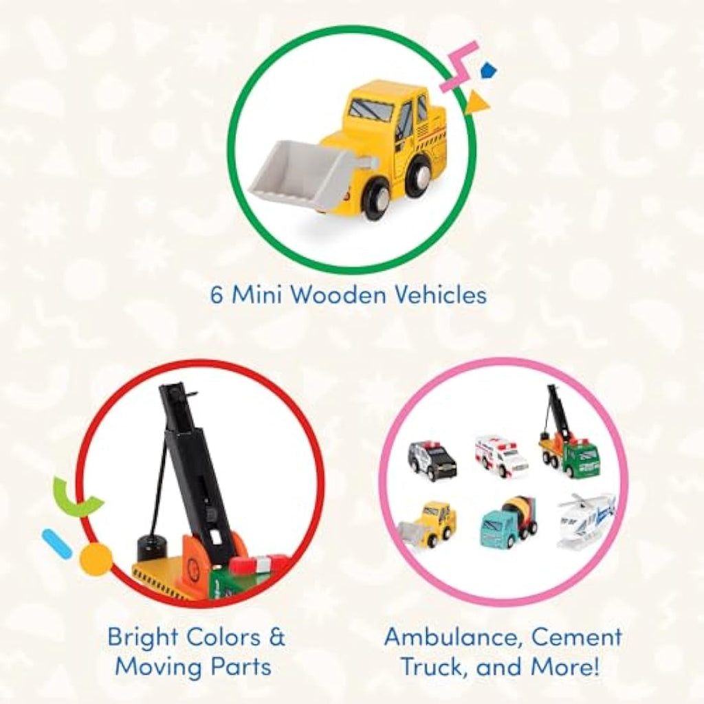 Battat Wooden Toy Vehicles - 6 Piece Rescue & Construction Set for Kids