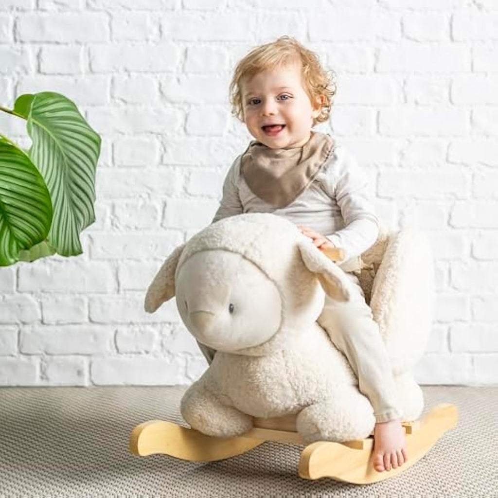 Nattou Ecru Sheep Wooden Rocker | Padded Vegan Teddy Fabric Seat