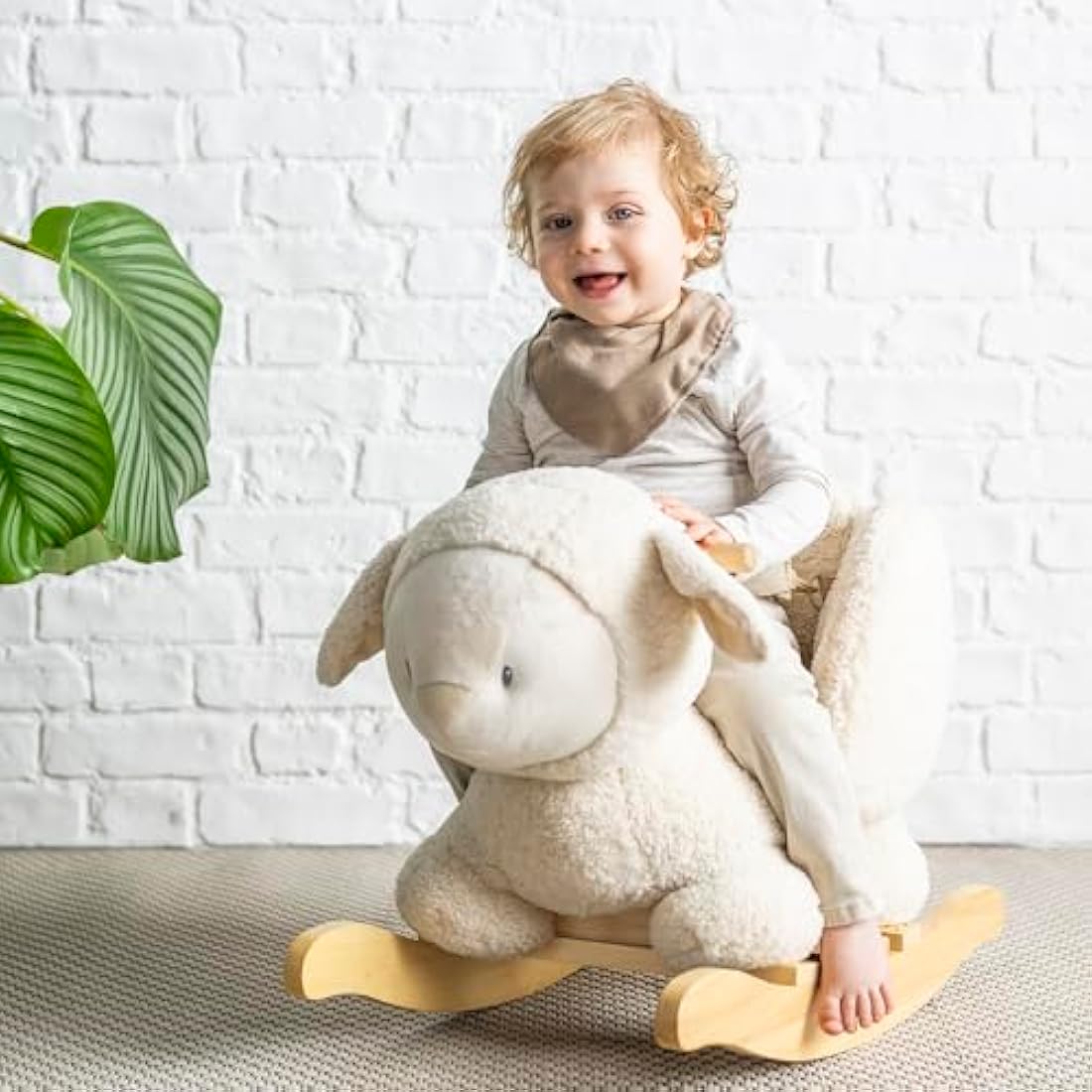Nattou Ecru Sheep Wooden Rocker | Padded Vegan Teddy Fabric Seat