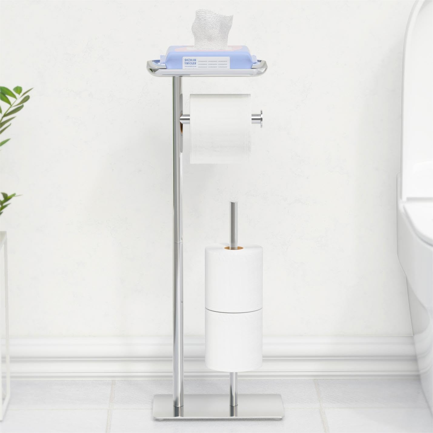 Free-Standing Toilet Roll Holder with Shelf - Stainless Steel
