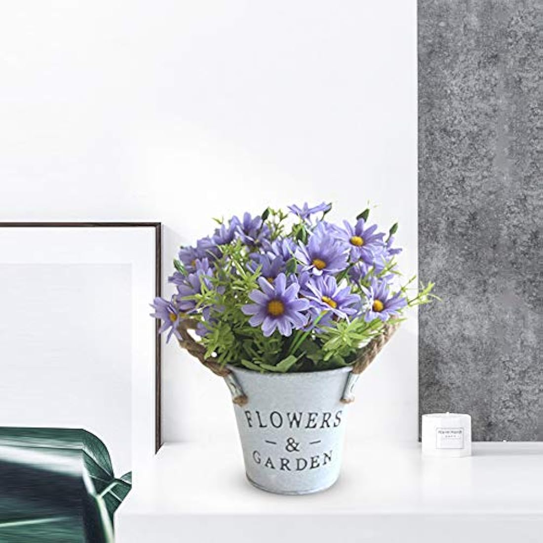 Jolof Store Purple Artificial Flowers in Vintage Metal Bucket Pot