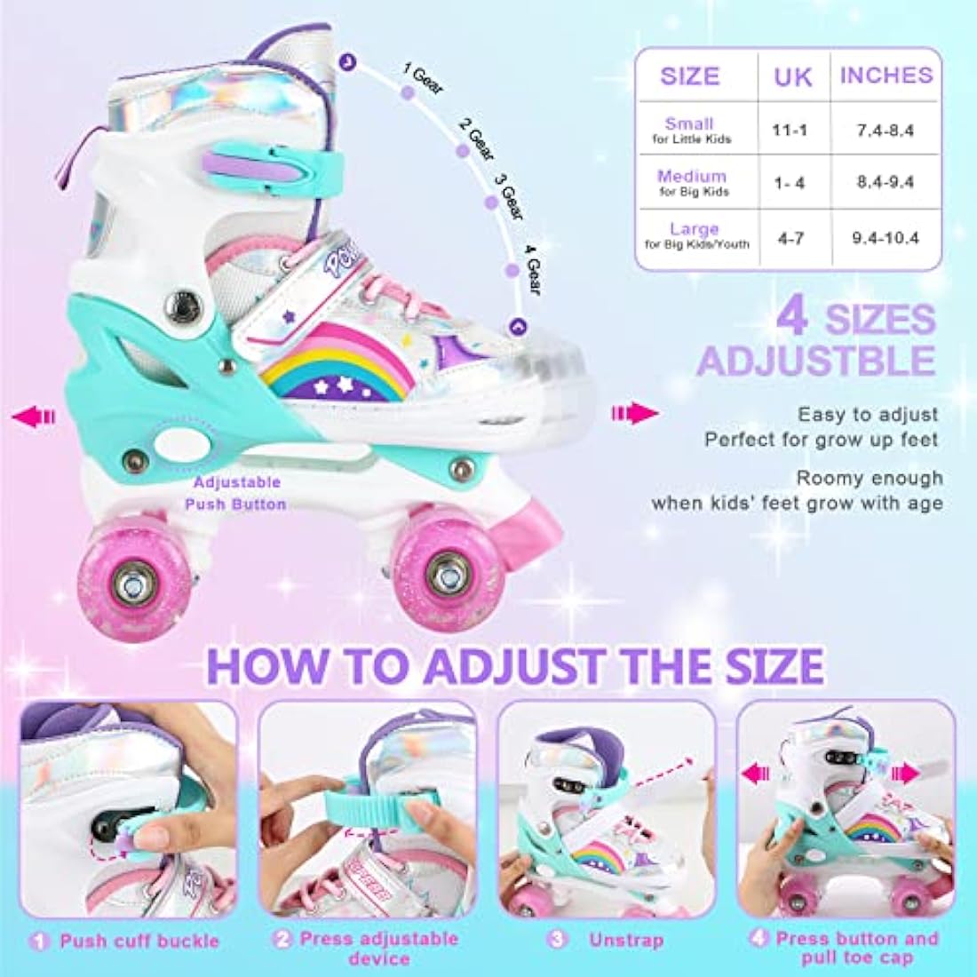 Jolof Store Kids Roller Skates – Adjustable Light Up Rainbow Skates