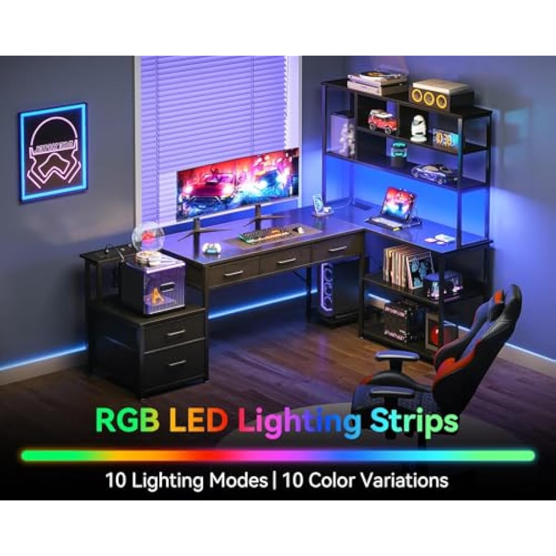 Coleshome L-Shaped Gaming Desk with LED Lights, Drawers & Power Outlets