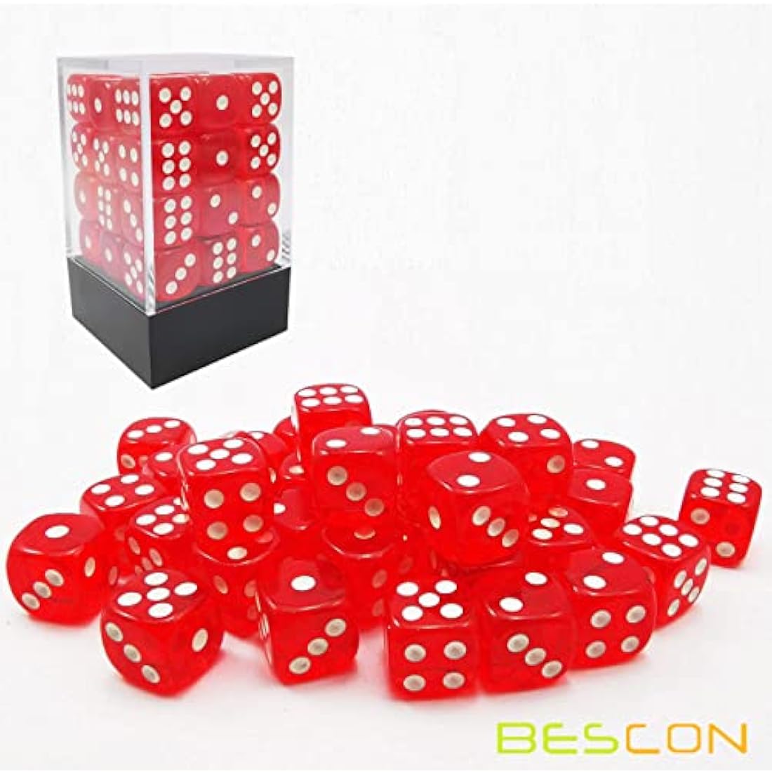 Bescon 12mm 6-Sided Dice Set | 36 Translucent Red D6 with Brick Box