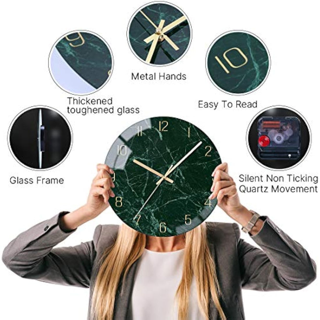VIKMARI 12 Inch Glass Wall Clock | Silent Non-Ticking Quartz - Dark Green