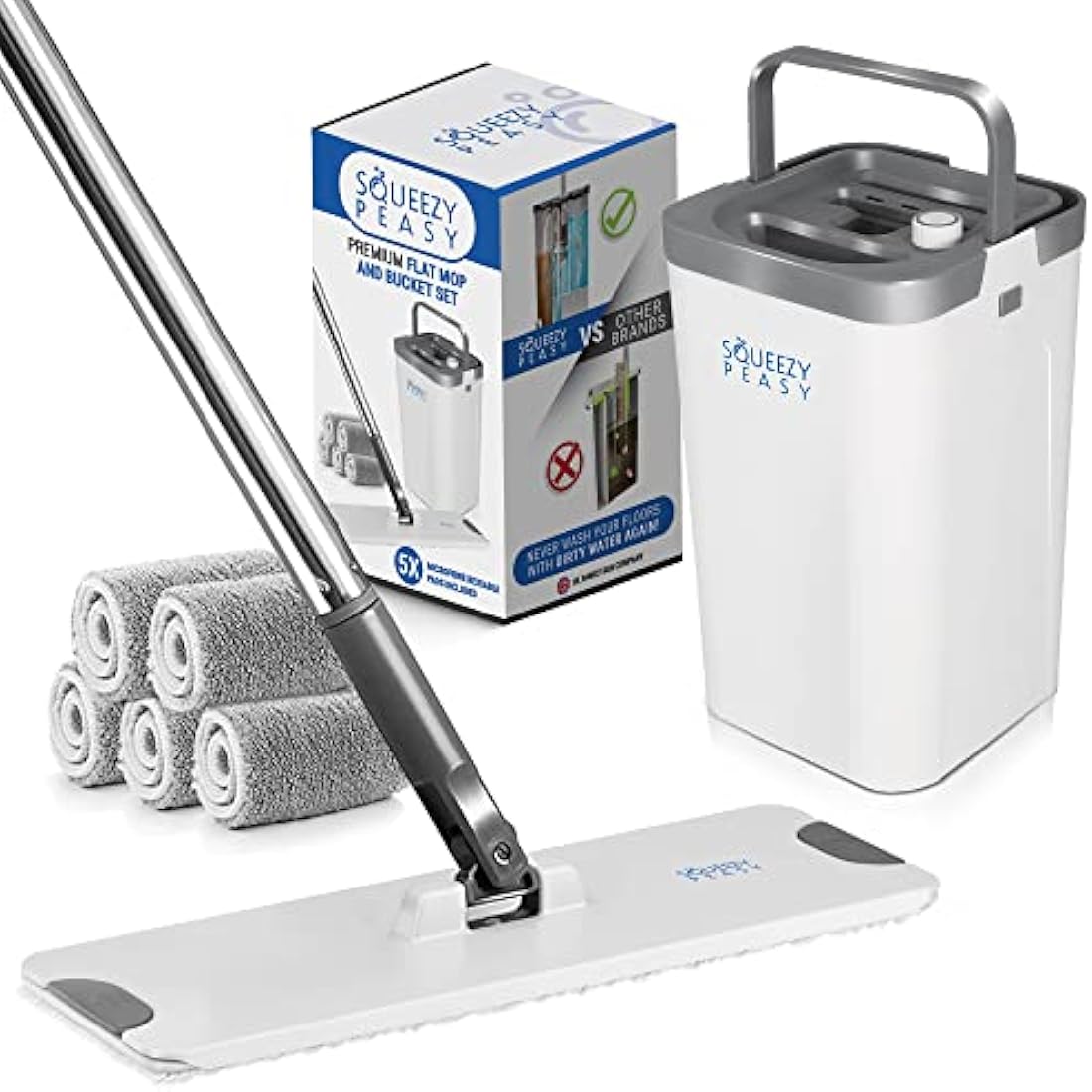 SqueezyPeasy Flat Mop and Bucket Set | 3 Chamber System with 5 Mop Pads