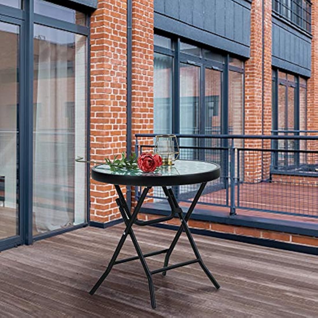 PHI VILLA Folding Side Table – Tempered Glass Outdoor Patio Table