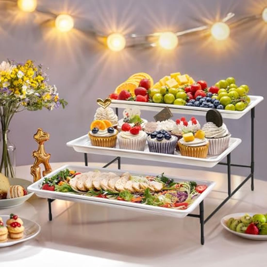 Lifewit 3-Tier Plastic Serving Platter with Collapsible Metal Stand