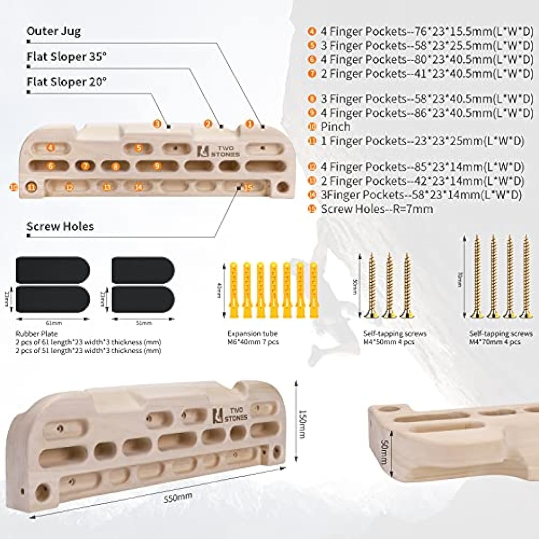 Two Stones Wooden Climbing Hangboard – Fingerboard with Phone Holder