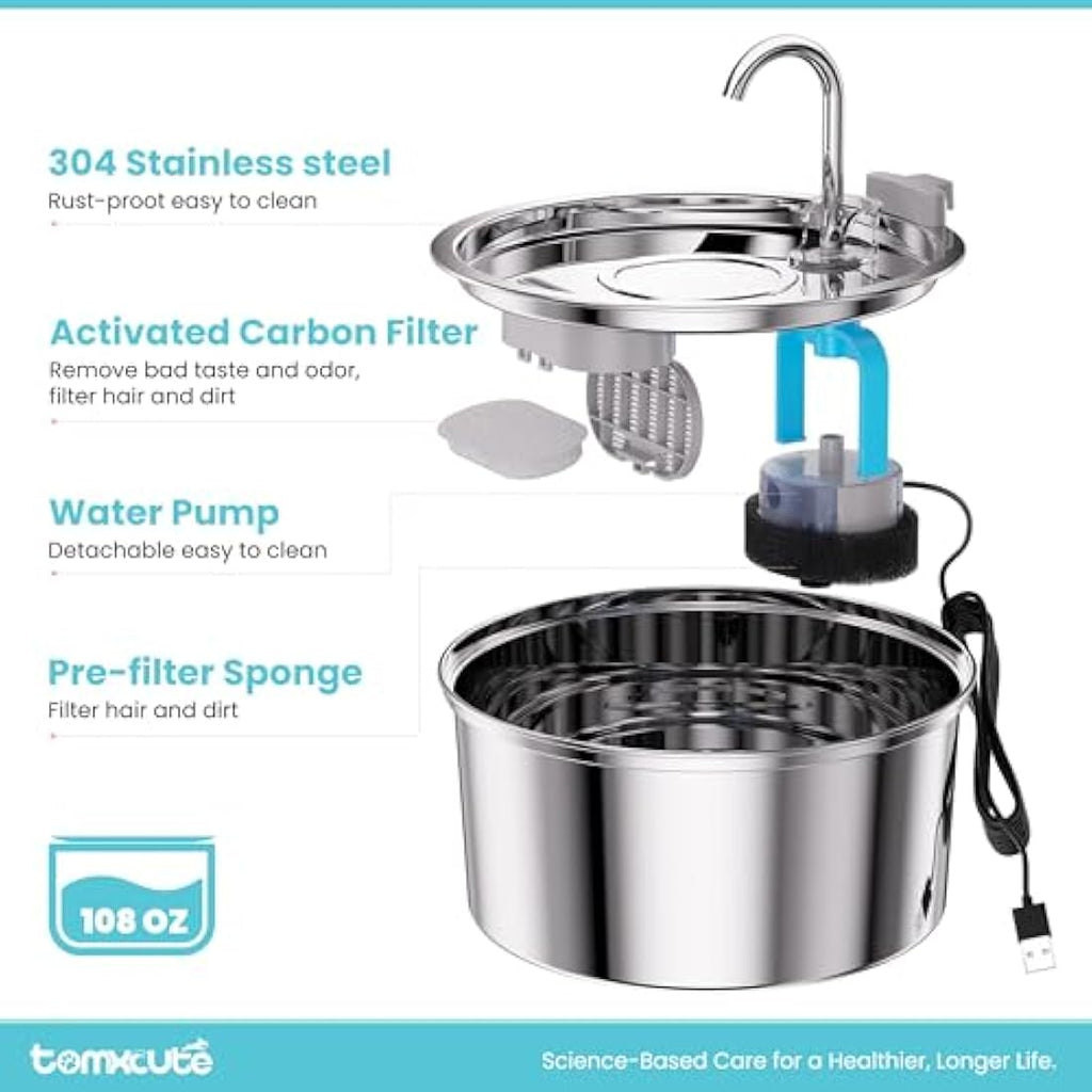 TOMXCUTE 3.2L Stainless Steel Cat Water Fountain | Ultra-Quiet Pet Dispenser